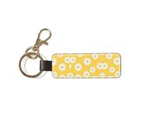 1 porte-clés rectangulaire en cuir, porte-clés, mini pendentif artisanal,Aster blanc marguerite jaune