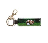 1 porte-clés rectangulaire en cuir, porte-clés, mini pendentif artisanal,Cavalier King Charles Spaniel Blanc Brunâtre