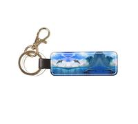 1 porte-clés rectangulaire en cuir, porte-clés, mini pendentif artisanal,Quatre dauphins dans la mer des baleines