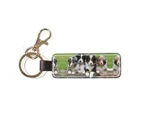 1 porte-clés rectangulaire en cuir, porte-clés, mini pendentif artisanal,Quatuor de petits chiots bergers australiens