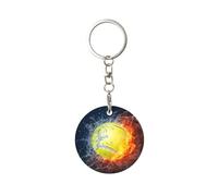 1 porte-clés rond en métal, porte-clés, mini pendentif artisanal,Balle de tennis dans le feu et l'eau