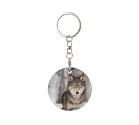 1 porte-clés rond en métal, porte-clés, mini pendentif artisanal,Imprimé loup sauvage