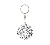 1 porte-clés rond en métal, porte-clés, mini pendentif artisanal,Notes de musique avec clé