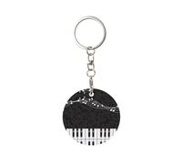 1 porte-clés rond en métal, porte-clés, mini pendentif artisanal,Notes de musique noires pour piano