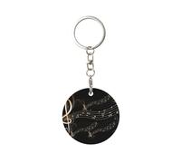 1 porte-clés rond en métal, porte-clés, mini pendentif artisanal,Partition musicale noire avec note de musique
