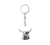 1 porte-clés rond en métal, porte-clés, mini pendentif artisanal,Portrait d'une vache des Highlands