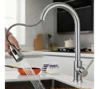 1. Robinet de cuisine moderne à trou unique avec douchette escamotable. Robinet d'évier en acier inoxydable à une seule poignée, à arc élevé, finition nickel brossé, robinet moderne pivotant à 360°, c