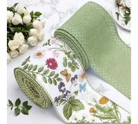 1 rouleau/2 rouleaux, ruban à bord métallique vert de 6,35 cm à motif de fleurs sauvages vintage, ruban en tissu de printemps, convient pour la confection de couronnes, nœuds, emballages DIY, décorati