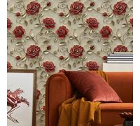 1 rouleau de branches de feuilles florales rouges à roses vintage avec bordure dorée épaisse, aspect gaufré. Convient pour la décoration de la maison, les armoires, les tables et chaises, les fonds de