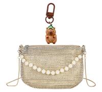 1 Sac À Bandoulière Doré, 1 Pendentif Animal De Dessin Animé, Sac À Paillettes En Diamant Perlé Pour Femmes, Personnalité Élée Et Adaptée Au Transport À Une Épaule.