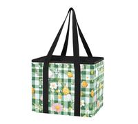 1 sac de rangement réutilisable pour coffre de voiture, œufs de Pâques et fleurs sur carreaux verts, sacs fourre-tout imperméables avec poignées et fond rigide pour le shopping, le travail, les