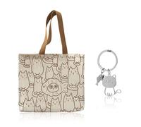 1 Sac En Toile Motif Chat Et 1 Porte-Clés, Sac Shopping Grande Capacité, Joli Sac Bandoulière, Sac Bandoulière Pliable