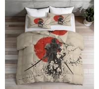 1 Samouraï Fleurs De Cerisier Soleil Couette Matelassée 180 x 200 cm, Japonais Imprimée Couette Douce Lavable en Machine 4 Saisons, Brun Clair Parure de lit 3 pièces avec 2 Taies d'oreiller 65x65 cm