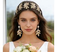 1 serre-tête de déesse pour cheveux et boucles d'oreilles - Accessoire de cheveux - Feuille d'olivier dorée - Couronne de cheveux pour femme - Pour mariage, festival, séance photo