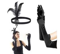 1 serre-tête en plumes perlées noires avec 1 paire de longs gants noirs, accessoire de cheveux de performance scénique, accessoire de costume rétro pour femme