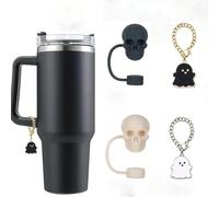 1 set/2 pièces de pailles en Silicone en forme de crâne de 10mm, pendentif décoratif de bouteille d'eau fantôme drôle, adapté aux gobelets de 30 et 40oz, cadeau d'halloween (Black Skull + Black Ghost)