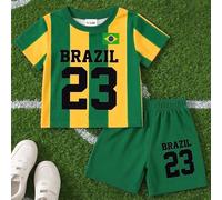 1 Set Aléatoire, , Ensemble Combiné Style Sport d'Été. Comprend des Styles Thématiques de la Coupe du Monde de Football avec Jaune Brésil 6-9M,9-12M,12-18M,18-24M,2-3YBlocs de couleurÉtoffe