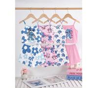 [1 set aléatoire] Ensemble de pyjama à bretelles pour tout-petites filles, imprimé mignon de lapin, fleur et cœur, en tissu tricoté doux, avec design à volants, vêtements de nuit d'été confortables, 2