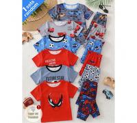 [1 Set Aléatoire] Ensemble de pyjama d'été pour jeune garçon, manches courtes et pantalon long, héros de dessin animé, voiture, football, combinaison de couleurs rouge, noir et bleu, éclatant & vibran