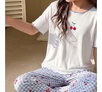[1 set aléatoire] Pyjama pour adolescentes, nouveau modèle à succès, imprimé combiné nœud.cerise.lettre.ours, bordure contrastée, tricot, manches courtes, imprimé intégral, pantalon long, ensemble de