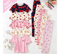 (1 set aléatoire) Pyjama pour préadolescentes, ensemble 2 pièces d'été à motif à la mode, imprimé combiné doux avec fraise rouge, cerise, nœud, cœur et ours mignon, tricot à col rond, bordure à volant