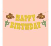 1 set, Bannière scintillante or/or rose pour un joyeux anniversaire occidental - 5 pieds | Décorations d'anniversaire cow-boy/cow-girl, guirlande western, fournitures de rodéo, "Wild One Yeehaw", déco
