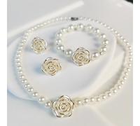 1 set Cadeau de fête des mères pour femmes: Collier, bracelet et boucles d'oreilles en perle et fleur. Bijoux classiques rétro brillants pour l'office, la mode, cadeau pour la fête des enseignants, bi