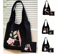 1 set comprend 1 sac fourre-tout noir à imprimé floral et 1 pochette noire, sac fourre-tout à alphabet floral rose A-Z + sac à cosmétiques, sac/sac fourre-tout de mariage personnalisé Lettre-A (1 jeu)