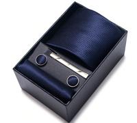 1 Set Cravate bleue, Pochette, Boutons de manchette - Boîte cadeau pour hommes, Cravate bleue pour les vacances, le mariage, le travail, Accessoires pour hommes Polyester