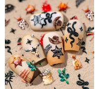 1 set d'autocollants d'art pour ongles de style cowboy occidental, avec des couleurs rose et jaune terre, et des éléments de style western comme cactus, tête de taureau, os, chapeau de cowboy, bottes