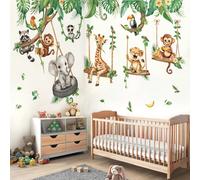 1 set d'autocollants muraux avec animaux de la jungle en balançoire, comprenant des motifs d'éléphant, girafe, singe et feuilles tropicales. Convient pour la décoration murale de la chambre à coucher 