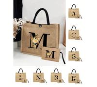 1 set de 2 sacs fourre-tout en lin - 1 sac avec lettres A-Z, 1 sac avec motif de lettres et fleurs, convient pour la fête des mères, cadeaux personnalisés, etc. Sac en lin jaune avec anses noires, com