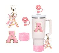 1 set de 4 pièces d'accessoires de tasse - 1 pièce de Couvercle de paille, 1 pendentif lettre A, 1 couvercle de protection en silicone brillant pour le fond du gobelet, 1 autocollant lettre de tasse (