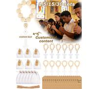 1 set de 5/15/30 rosaires en bois personnalisés, comprenant des perles beiges, des cartes, des cordons et des pochettes en organza, avec des perles de prière catholiques en bois avec un rosaire et un