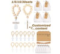 1 set de 5/15/30 rosaires en bois personnalisés, comprenant des perles beiges, des cartes, des cordons et des pochettes en organza, avec des perles de prière catholiques en bois avec un rosaire et un