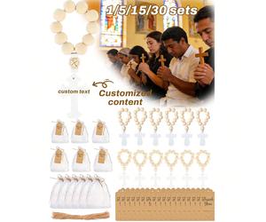1 set de 5/15/30 rosaires en bois personnalisés, comprenant des perles beiges, des cartes, des cordons et des pochettes en organza, avec des perles de prière catholiques en bois avec un rosaire et un