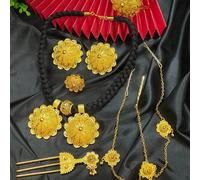 1 set de 6 pièces de bijoux dorés composé d'un collier, de boucles d'oreilles, d'un bracelet, d'une bague, d'un clip à cheveux et d'une chaîne pour cheveux. Convient pour Dubaï, États-Unis, Royaume-Un