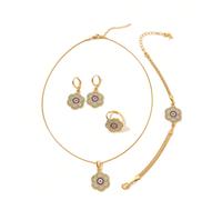 1 set de bijoux en alliage de cuivre plaqué or avec pendentif à l'œil du diable en forme de fleur, boucles d'oreilles, bague, bracelet, collier. Convient pour le port quotidien des femmes et comme cad
