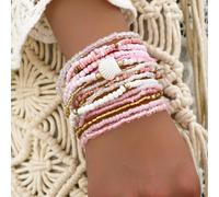 1 set de bracelets de style bohème avec perles de rocaille roses et coquillages pour femmes (couleurs de perles de rocaille assorties) Alliage de zinc