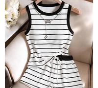 1 set de deux pièces composé d'un débardeur et d'un short à rayures noires et blanches est un pour le printemps et l'été L,M,S,XLGéométriqueTissu tricoté