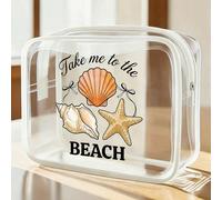 1 set de "Emmène-moi à la plage" Sac de plage en PVC imperméable avec impression de lettres, décoré de coquillages et d'étoiles de mer. Sac cosmétique en PVC, pochette de rangement de voyage en PVC av