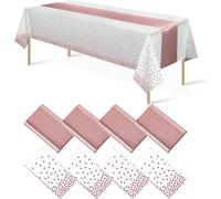 1 set de nappe en plastique jetable blanche et or rose et de chemin de table en satin. Taille de la nappe : 54 x 108 pouces, taille du chemin de table : 11 x 108 pouces. Convient pour les mariages, le