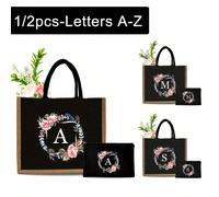 1 set de sac à main en lin noir avec imprimé floral de A à Z, avec sac à cosmétiques, simple et élégant, sac cadeau de demoiselle d'honneur personnalisé pour mariage, porte-monnaie pour cosmétiques de