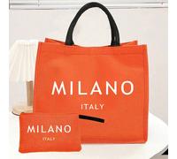 1 set de sac fourre-tout en lin, comprenant 1 sac fourre-tout imprimé avec le texte "Milan, Italie" et 1 petit sac à fermeture éclair imprimé de fleurs et de lettres. Emballage cadeau personnalisé, co