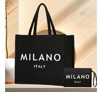 1 set de sac fourre-tout en lin, comprenant 1 sac fourre-tout imprimé avec le texte "Milan, Italie" et 1 petit sac à fermeture éclair imprimé de fleurs et de lettres. Emballage cadeau personnalisé, co