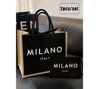 1 set de sac fourre-tout en lin, comprenant 1 sac fourre-tout imprimé avec le texte "Milan, Italie" et 1 petit sac à fermeture éclair imprimé de fleurs et de lettres. Emballage cadeau personnalisé, co