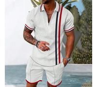 1 set de tenue de sport décontractée pour hommes, chemise polo à imprimé jacquard rayé et short mi-cuisse pour l'été L,M,S,XL,XXLRayéPolyester,Tissu tricoté