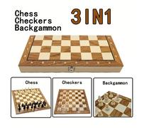 1 set d'échecs, de dames et de backgammon 3 en 1, plateau d'échecs en bois avec pièces en plastique pour adultes, plateau de dames léger, jeux de backgammon stratégiques pour adultes, coffret de range