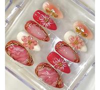 1 Set Faux Ongles 3D Gold Art et Milky Abricot Design pour un usage quotidien Plusieurs dimensions Gold Press Stick Nails