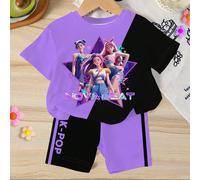 1 set fille bébé décontracté mignon imprimé dessin animé K-POP fille violet & noir contraste couleur t-shirt manches courtes et short,été,vacances,congés 6-9M,9-12M,12-18M,18-24M,2-3YCartoon,Blocs de